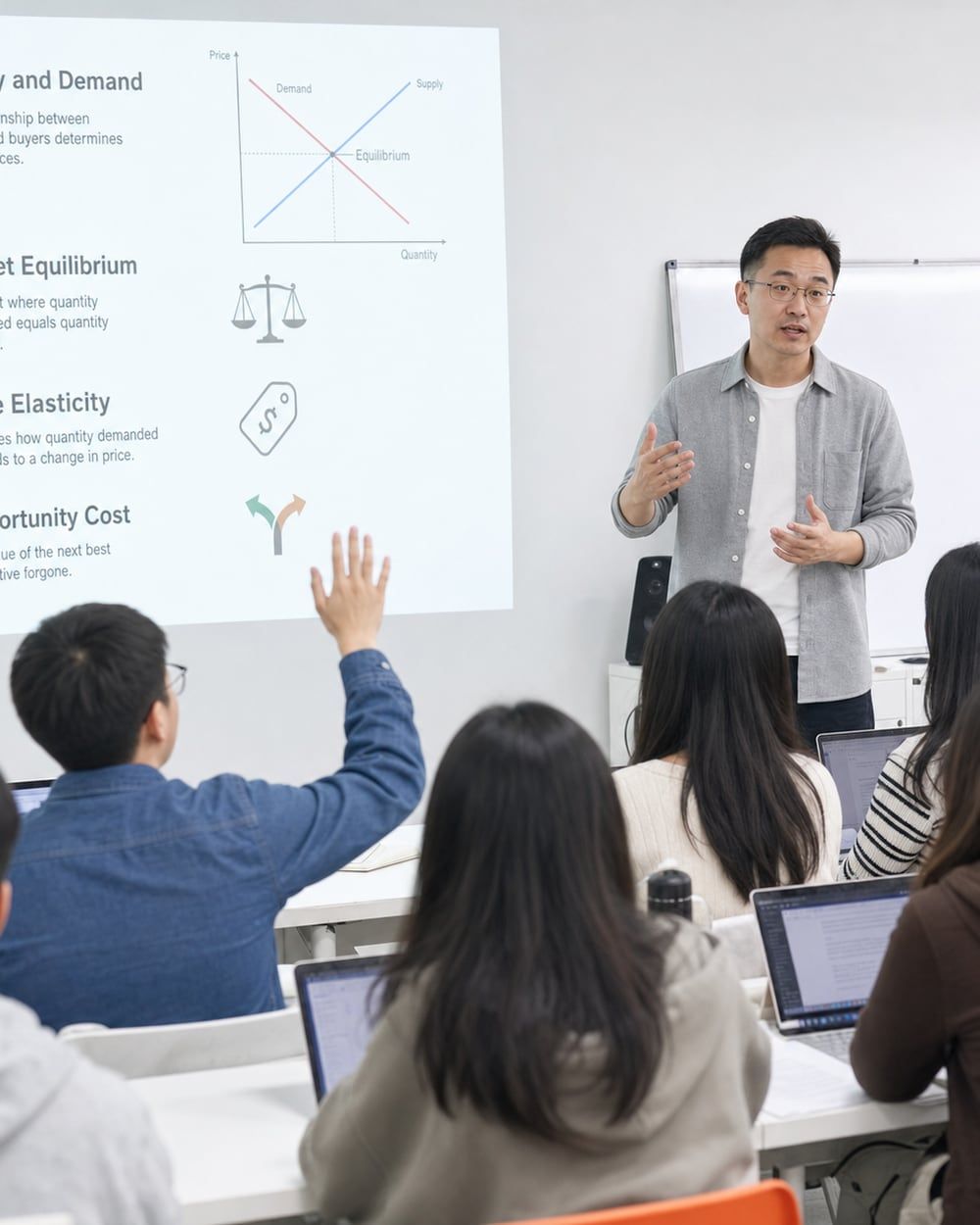 导师在课堂上为学生讲解经济学，学生举手提问